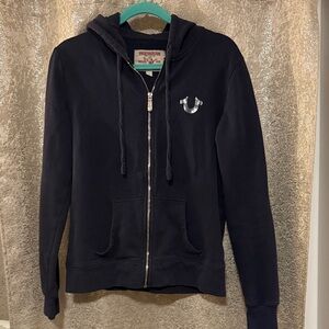 Women's True Religion Black With Silver Foil Full Zip Hoodie Sweatshirt Size L